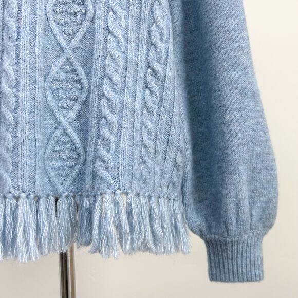 Farmers Market Blue Chunky Cable Knit Scarf Fringe Crewneck Sweater Large - Picture 4 of 9